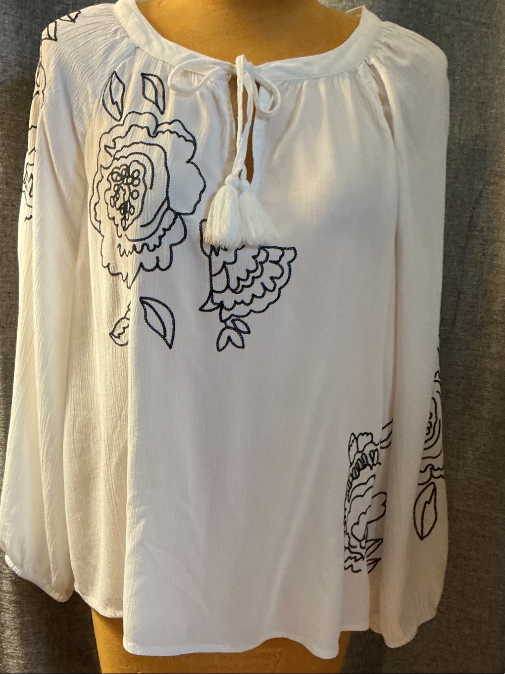 Style & Co. White Peasant Tunic with Black Floral Stitching